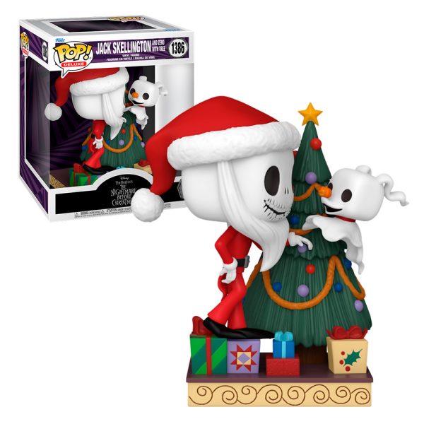 Figura de vinilo Funko Pop! Deluxe de Jack Skellington vestido de Santa Claus junto a Zero y el árbol de Navidad. Con base temática.