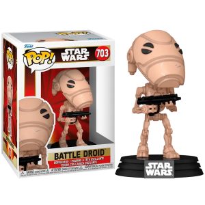 Figura de vinilo Funko Pop! de unos 9 cm. de un Battle Droid, conmemorativa del 25º Aniversario del Episodio I: La amenaza fantasma, del Universo Star Wars.