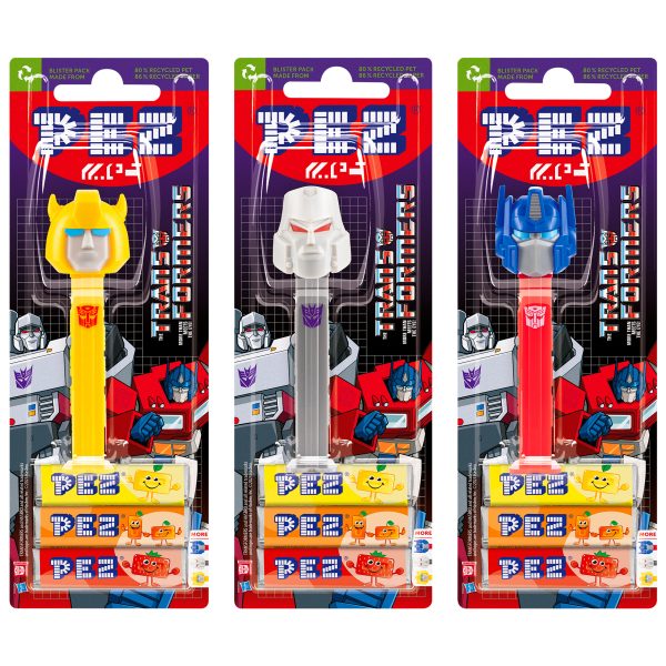 Optimus Prime, Bumblebee y Megatron, de "Transformers", ¡en dispensador de caramelos PEZ! En blíster con 3 recargas de caramelos.