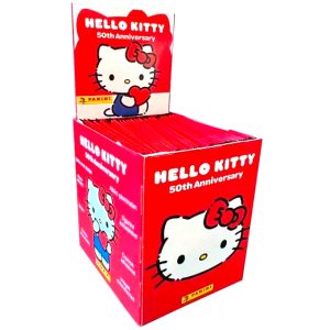 Caja completa de 50 sobres de cromos de la nueva colección de Panini de Hello Kitty con motivo de su 50º Aniversario. ¡Colecciónalos!